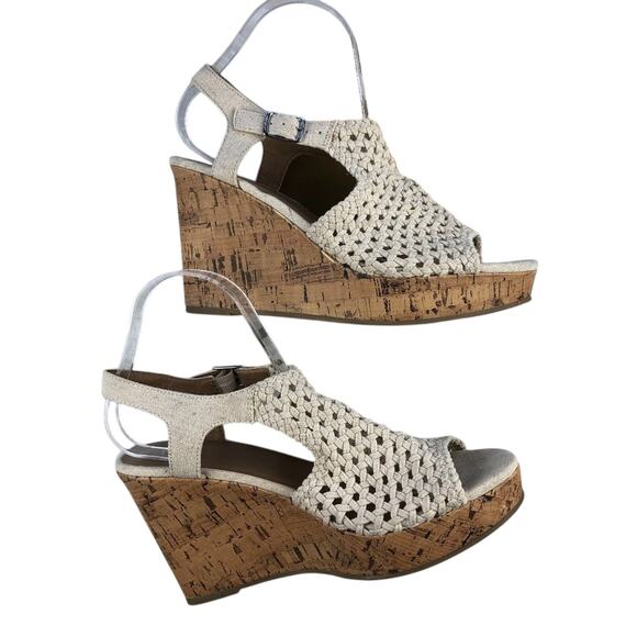 SO Natural Cream Tan Perch Basket Woven Cork Wedge Strappy Heel Sandal Shoes - Picture 3 of 11